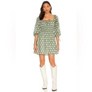 Faithfull The Brand Armina Mini Dress Emelda Dot Print Slate Green linen Small